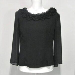 Black Ruffle Neck Blouse Size 8 Semi Sheer Sleeves